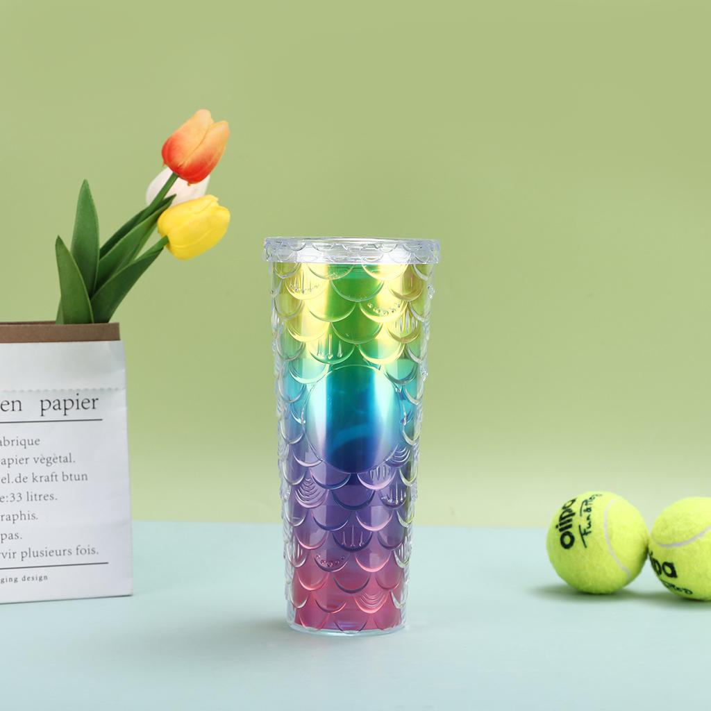 Water Bottle Creative Large Capacity Double Layer Plastic Cup Colorful Gradual Change Fish Scale Cup Office Household Cup Portable