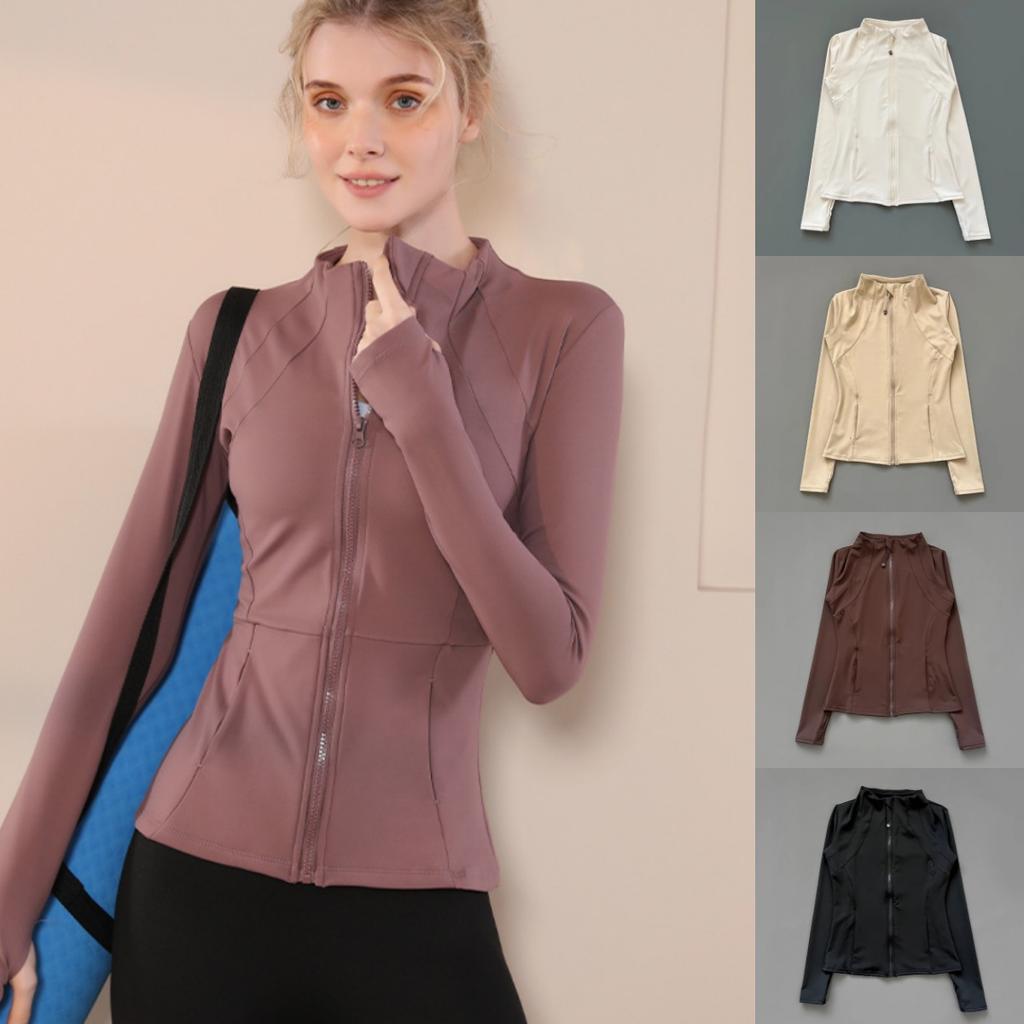 Hurtigtørkende treningsjakke med oppstående krage for kvinner, slank passform, glidelås, yogaklær, langermet, pustende, løping, sport, sykkeltopp