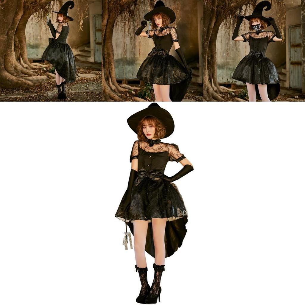Black Lace Mesh Witch Tailcoat Dress Costume For Halloween Party Cosplay