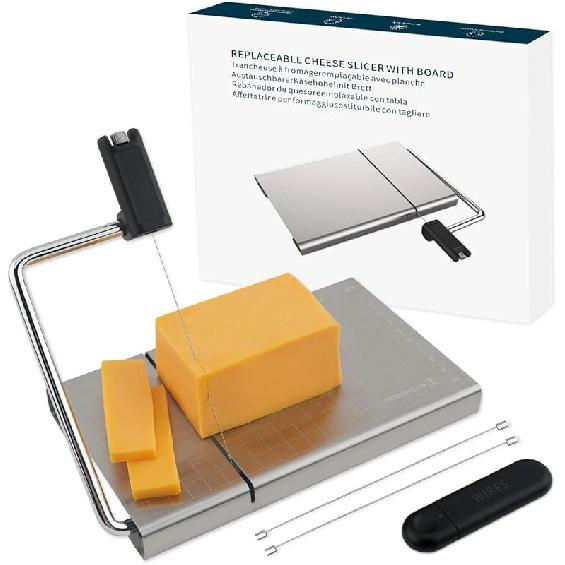 KITCHENDAO Replaceable Wire Cheese Slicer with Board and Measuring Grids,Tightness Adjustable Cheese Slicer, Stainless Steel Metal Cheese Cutter for KD20326 Cheese Slicer(Bla