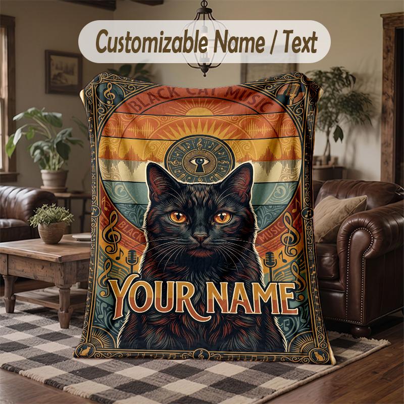 Black Cat Music Poster Theme Throw Blanket Custom Name Text Personalized Blanket Soft Cozy Blanket for Home Sofa Bed