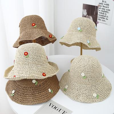 Women's Korean Style Straw Bucket Hat Floral Adjustable Sun Protection Sun Hat, Breathable Foldable Beach Hat for Summer Outdoor