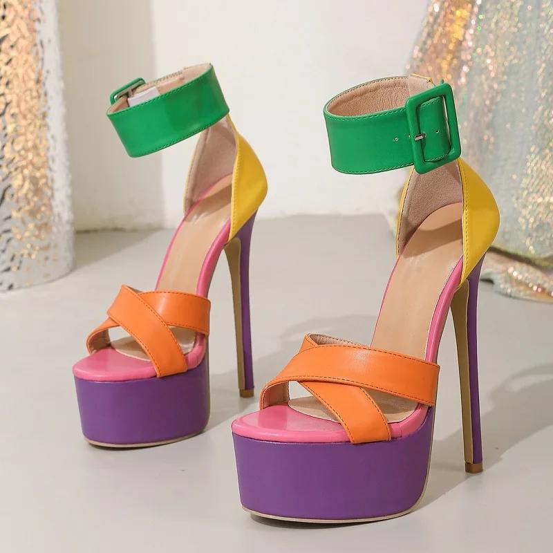 Pesstwei Fashion Nightclub Sexy Open Toe Buckle Color Matching Stiletto Heels Sandals Women Designer Hollow Out Platform Shoes