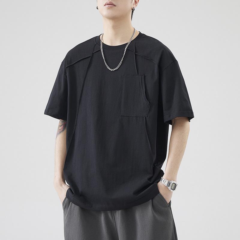 An Yang Pánské černé sešívané letní tričko s krátkým rukávem: Niche Jednobarevný design