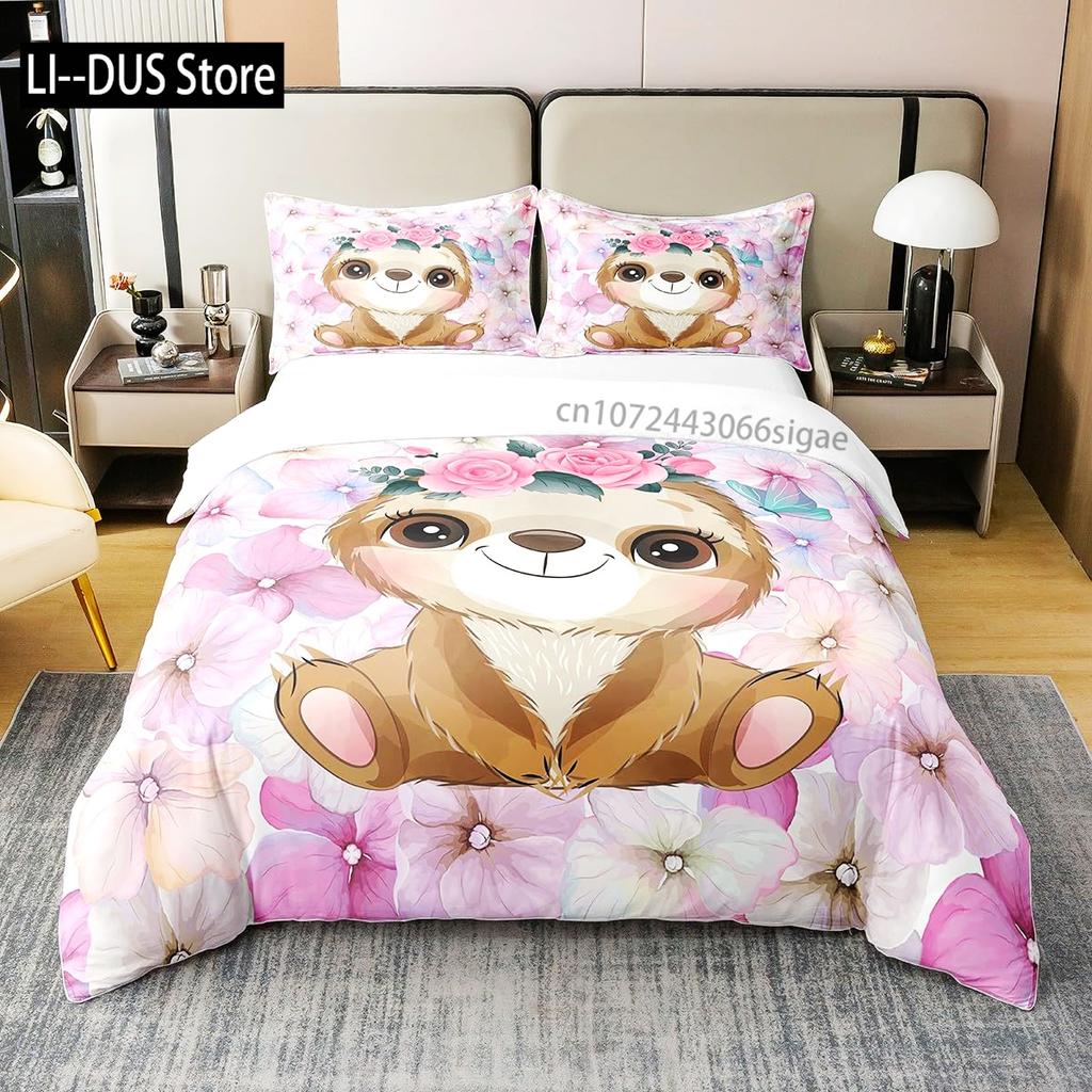 Sloth Bedding Set King SizeCartoon Duvet Cover Set for Kids Girls BoysSloth Pattern Comforter Cover1 Quilt Cover 3 Pieces