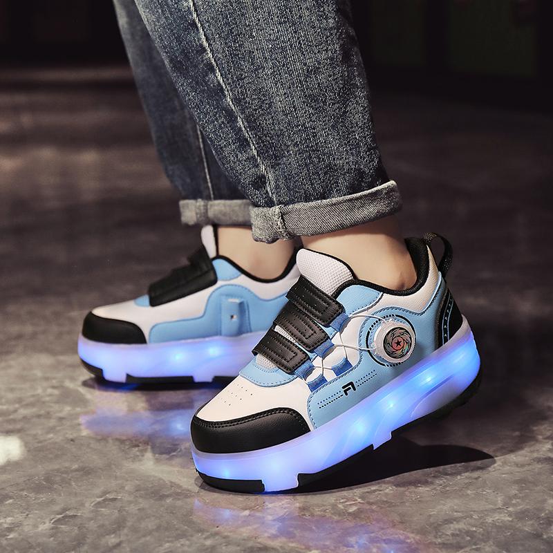 Kid's Roller Skates Removable Flat Charging LED Four Wheels Glowing Sports Shoes Pink Women's Glowing Sneakers