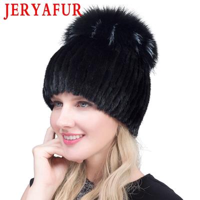 Chapeau à pompon en vraie fourrure de vison pour femme, chapeaux d'hiver en fourrure de renard à la mode, bonnets tricotés épais et chauds