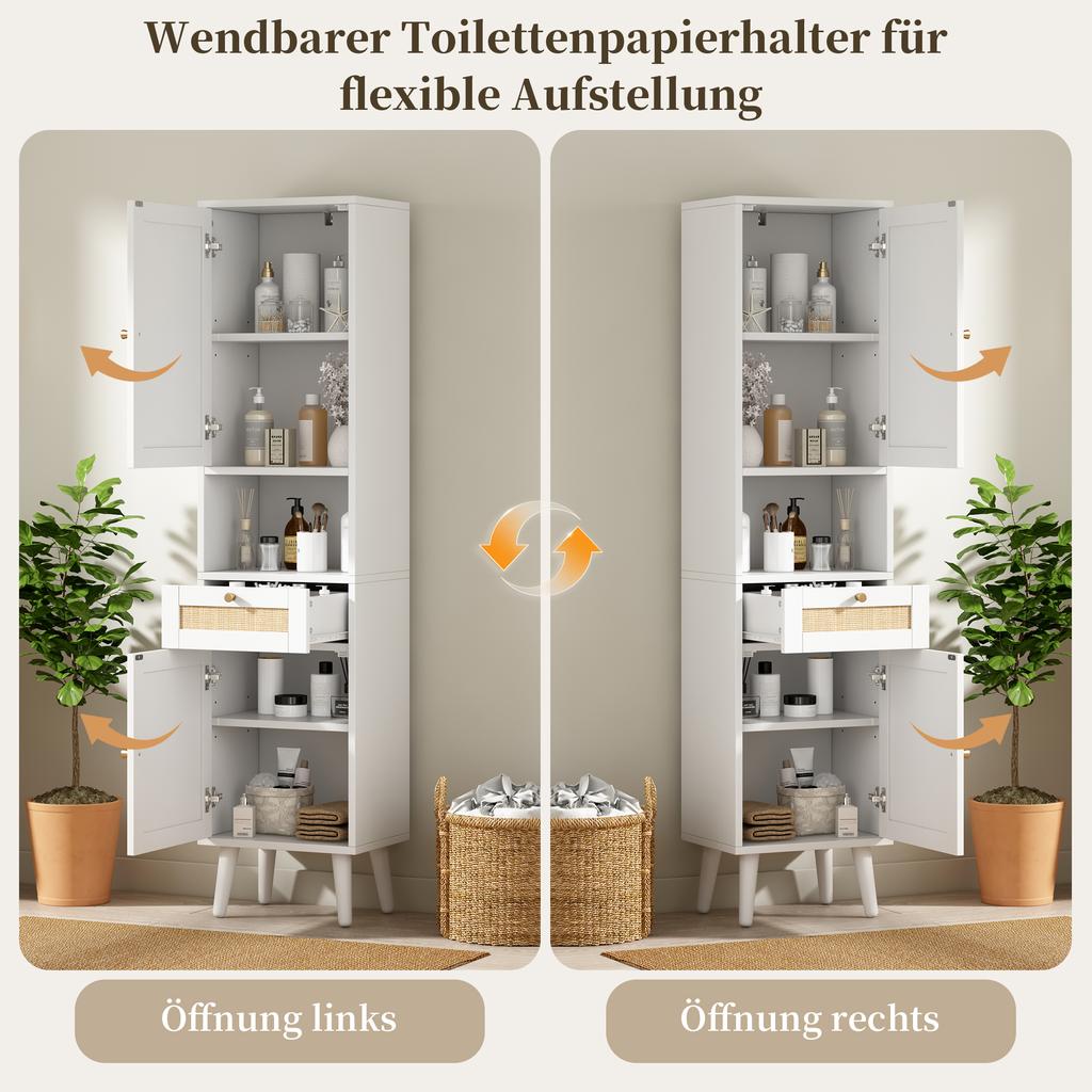Hoher Stand-Badezimmerschrank, Rattan-Türen, Links-Rechts umkehrbar, Schublade, Magnetverschluss, Soft-Close-Scharniere, 40×30×166 cm, Weiß