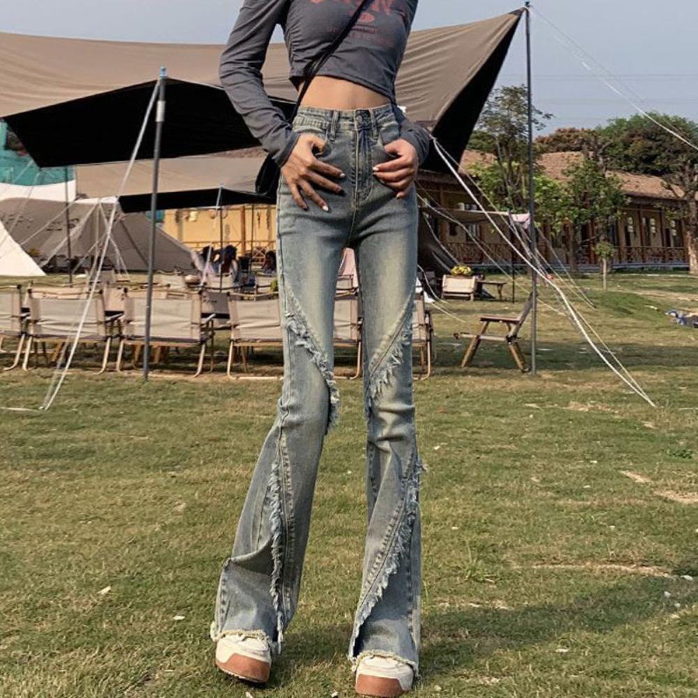 Rough Edge Slightly Pulled Jeans Women's Spring and Autumn New High-waisted Slim-fitting Splicing Nostalgic Horseshoe Horn Jeans