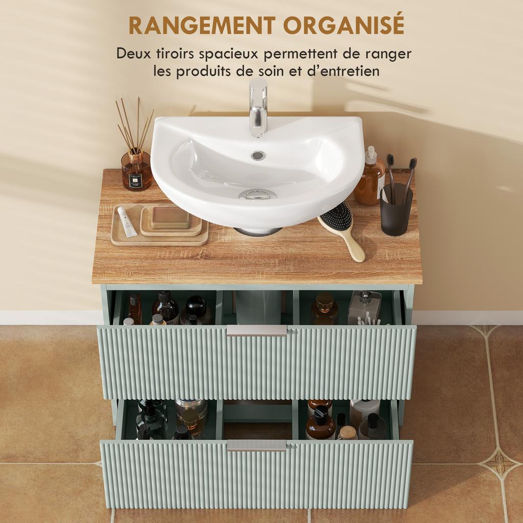 Under-sink Cabinet, Bathroom Cabinet with 2 Drawers, Modern Style, 80 X 40 X 60 Cm, Green and Natural Wood