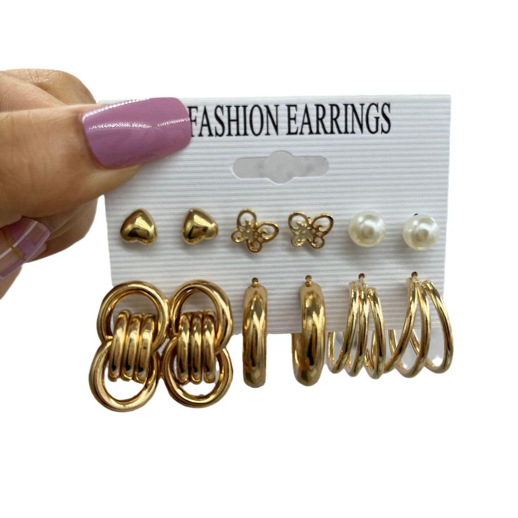 French Retro Pearl Circle Stud Earring Set - 6 Pieces for Women
