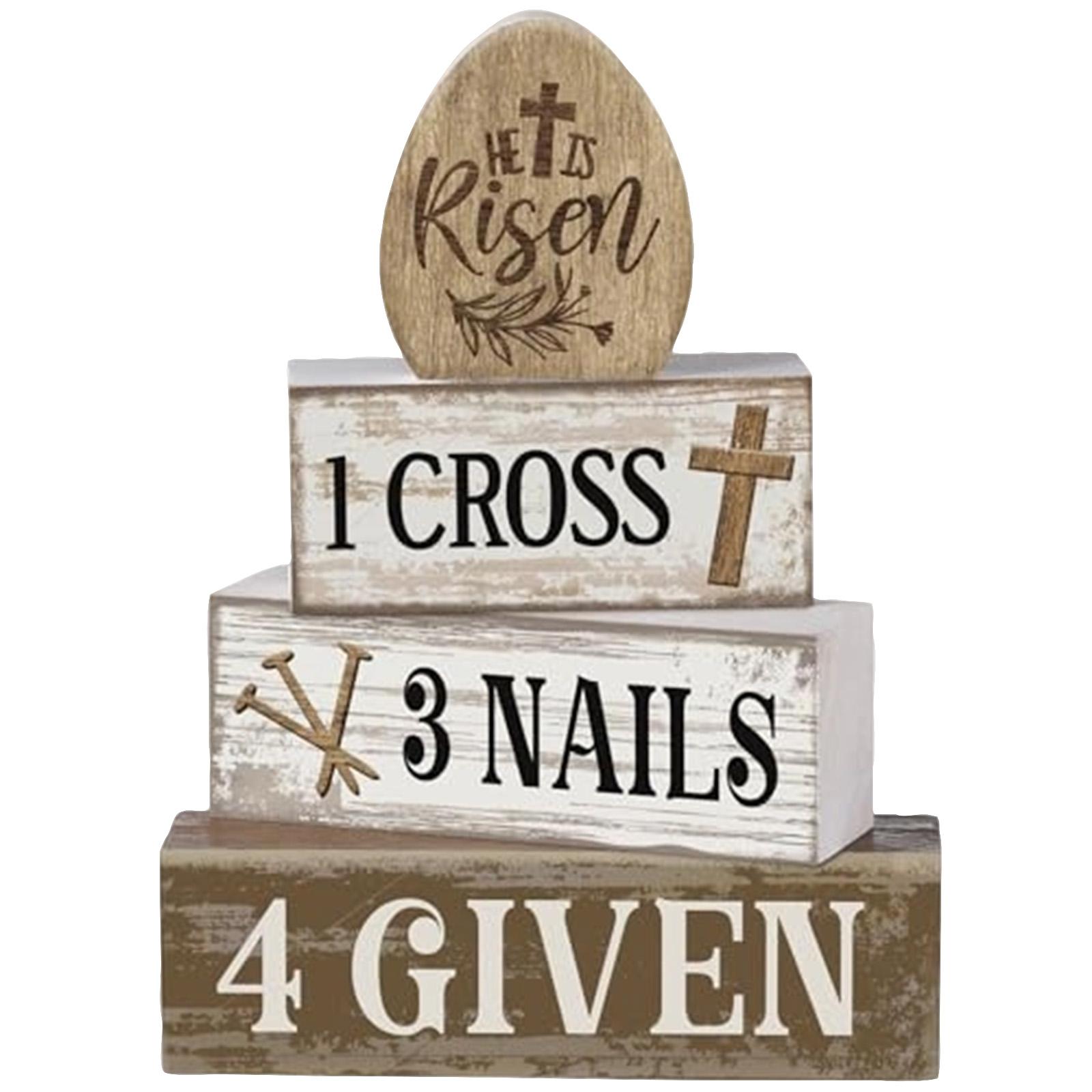 

Easter Religious Theme Wooden Stacked Ornaments: He Is Risen Vintage Distressed Decorative (1 Cross, 3 Nails, 4 Givens), Text Tabletop, Holiday One Size