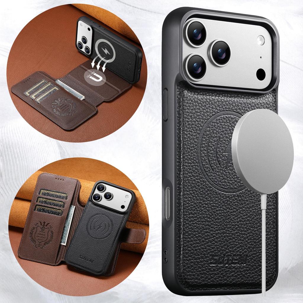 IPhone 17 Pro Flip-Hülle mit Kartenfach: Magnetisch, Kabelloses Laden, Zwei-in-Eins-Ständer, Farbblock-Leder.