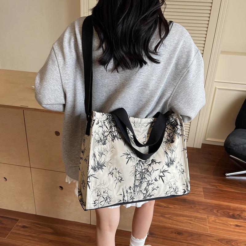 New Chinese Style Handbag Women's New Fashion Bamboo Leaf Printing Oblique Span Shoulder Bag College Student Commuter Tote Bag
