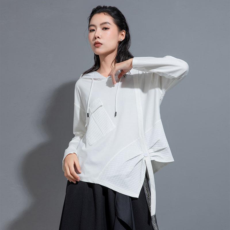 Women's Plus Size Irregular Hooded Patchwork Sweatshirt with Ribbon - Casual Long Sleeve