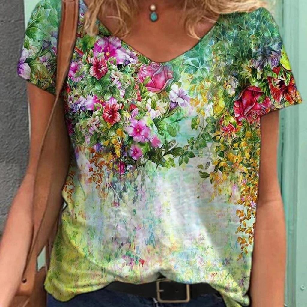 New Women Fashion V Neck Slim Fit Short Sleeve Pullover 3D Flowers Print Plus Size Casual T Shirt Tops S-5XL