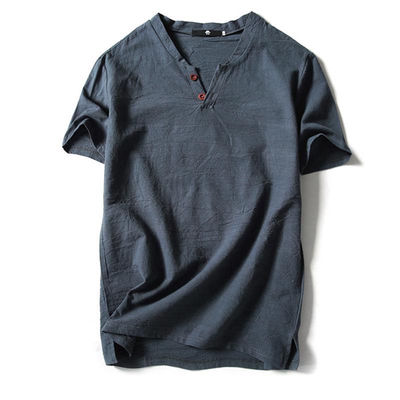 Men's Plus Size Summer Cotton-Linen V-Neck Loose Fit Short Sleeve T-Shirt
