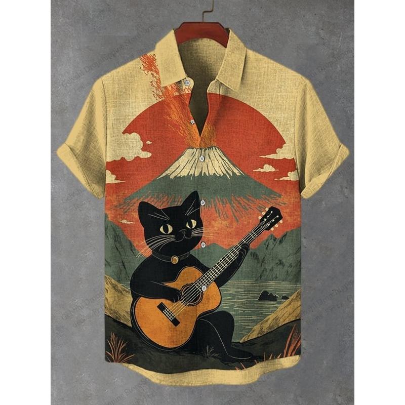 Modisches Herren Sommer Hawaiianhemd Vintage Kalligraphie Katze Dinosaurier 3D Druckhemd Kurzarm Lässige Strandhemden