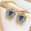 Cute Female Big Blue Stone White Zircon Flower Stud Earrings Gold Color Wedding Jewelry For Women