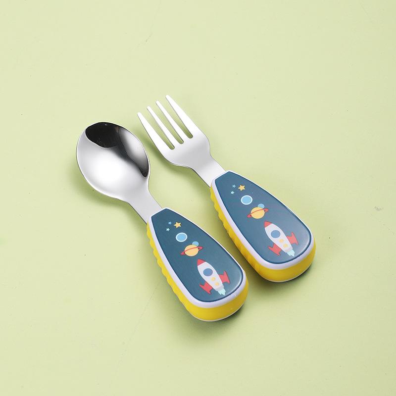 304 Stainless Steel Kids' Cartoon Cutlery Set - Short Handle Spoon & Fork for Baby Training