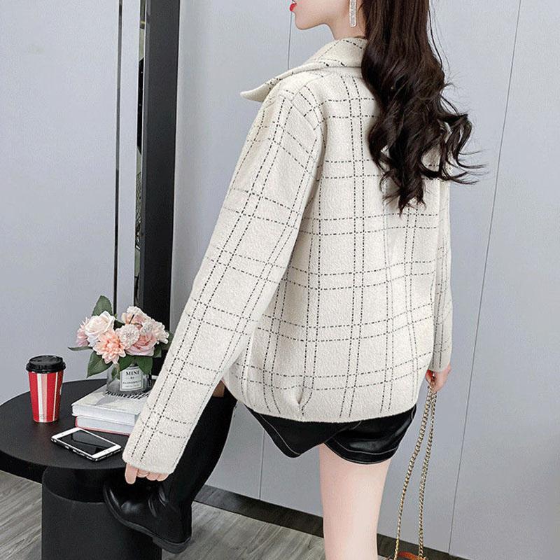 Woolen Cardigan Coat Women Spring and Autumn 2023 Versatile Foreigner Plaid Short Long Sleeve Casual Jacket Cardigan Female Top