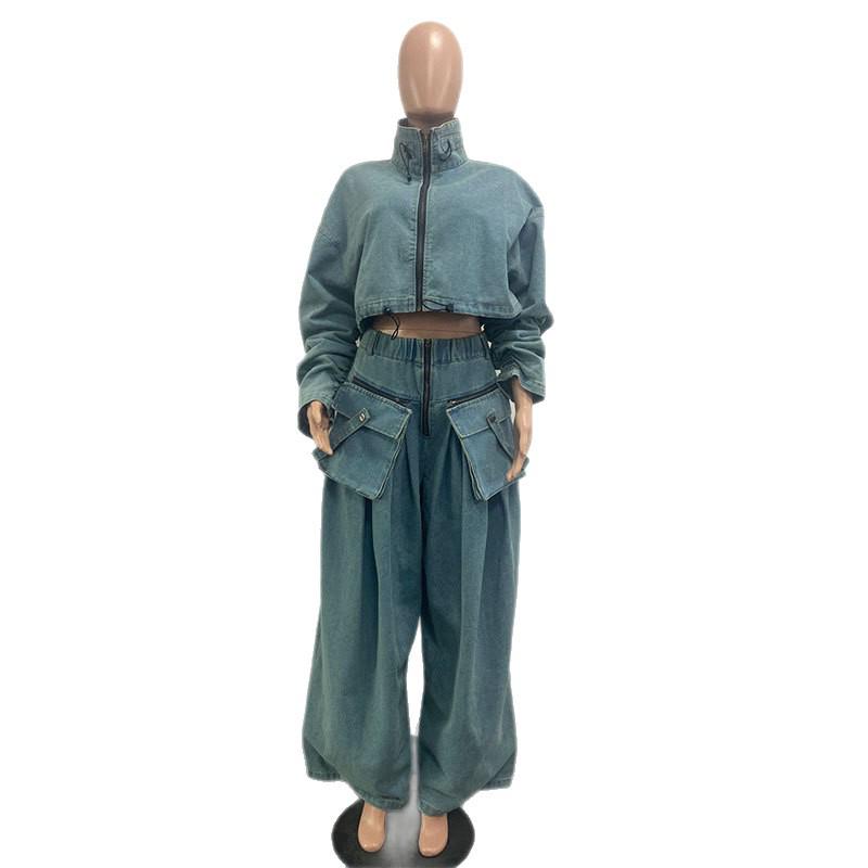 Two-Piece Retro Denim Workwear Set: Wide-Leg Trousers & Short Jacket for Women