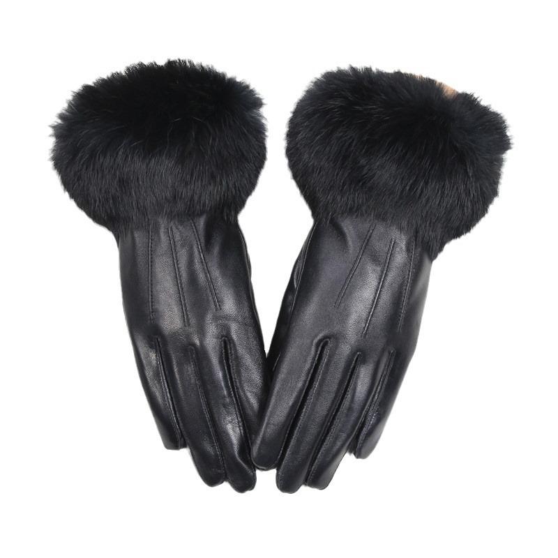 Women's Winter Velvet-Lined Lambskin Gloves - Korean Style, Windproof, Cute Rabbit Fur, Touchscreen Compatible.