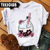 Milk Tea Cat Print Bubble Tea Animal TShirt Unisex Couple Trendy Personalized Womens Clothing Soft Cotton Short Sleeve Tshirt
