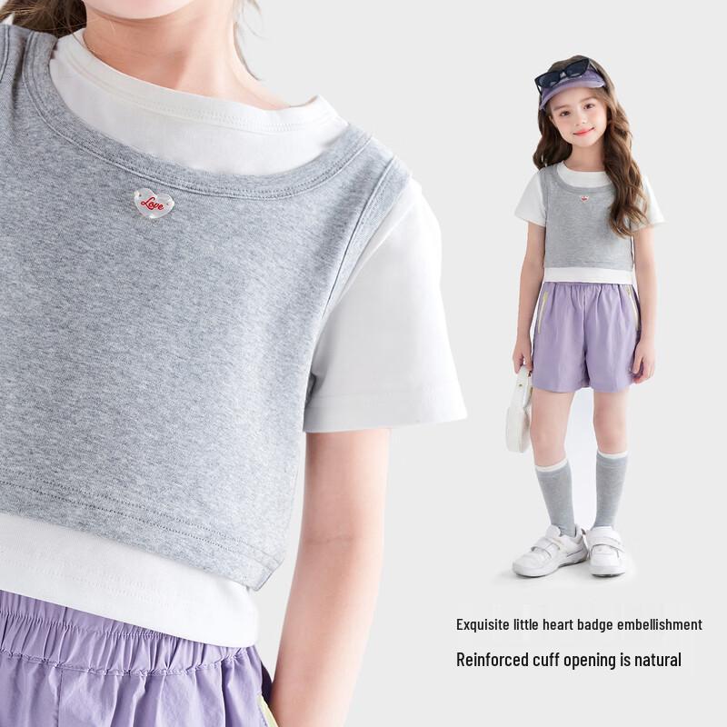 Tutuxiaoxiang Girls' Dopamine Color-Block Faux Two-Piece T-Shirt