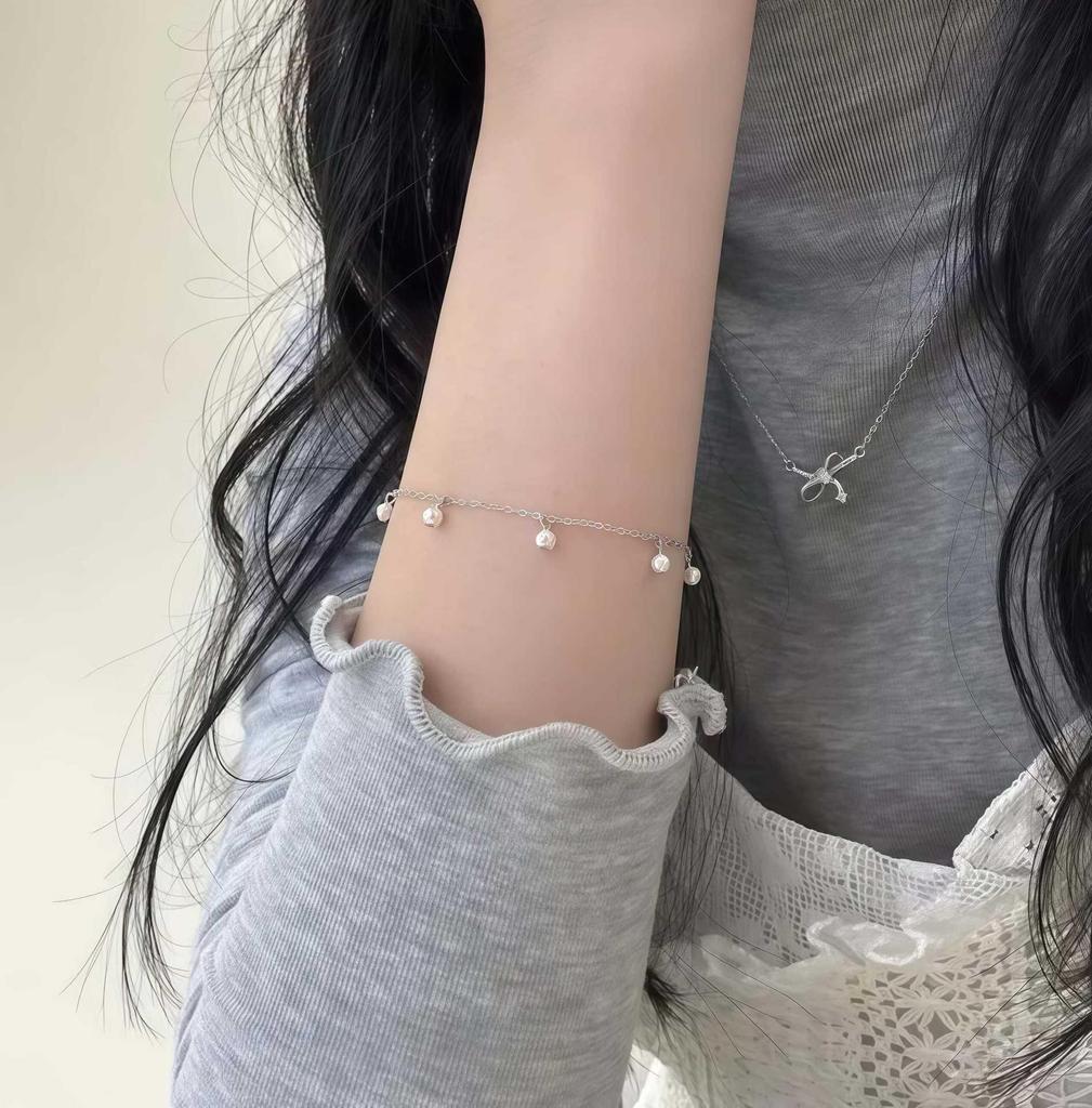 S925 Sterling Silver Tassel Round Bead Pearl Bracelet - Women's Japanese & Korean Niche Fashion Jewelry