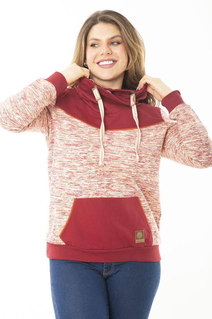 Women's Style Big Size Sweatshirt Large Size Eyelet Lace And Ornamental Button Detailed Kangaroo Pocket High Collar Sweatshirt