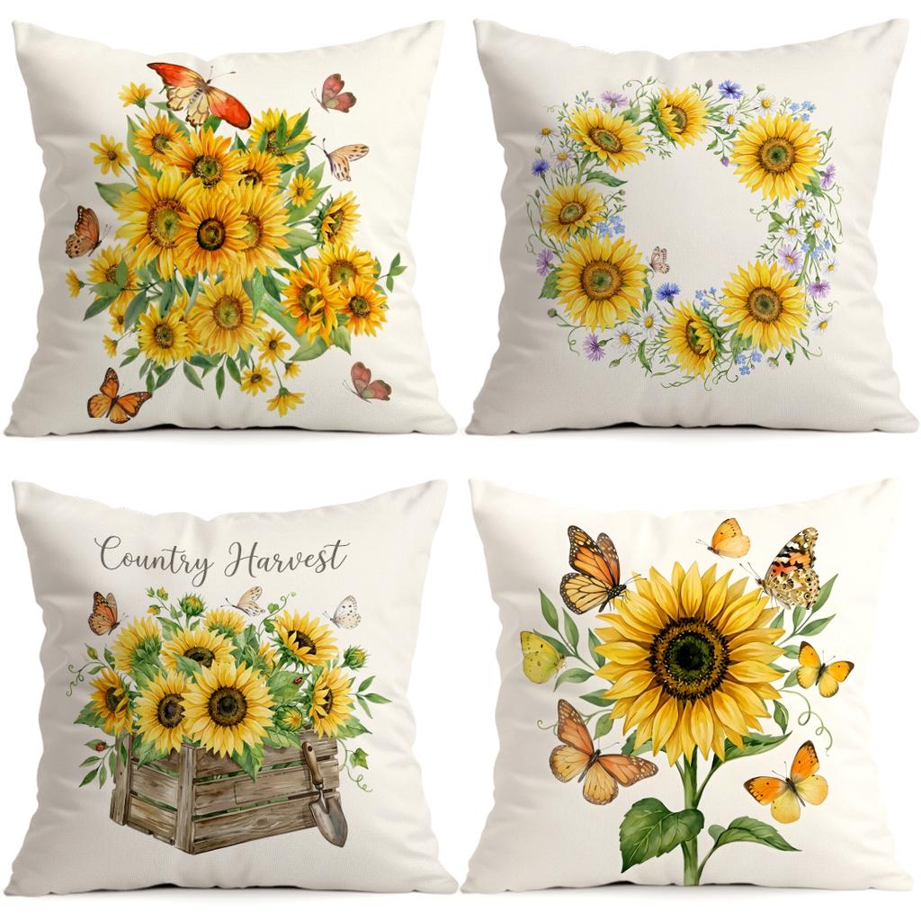 Sunflower Butterfly Pastoral Pattern Cushions Pillowcase Polyester Cushion Cover Throw Pillow Pillowcover Home Car Sofa Decor