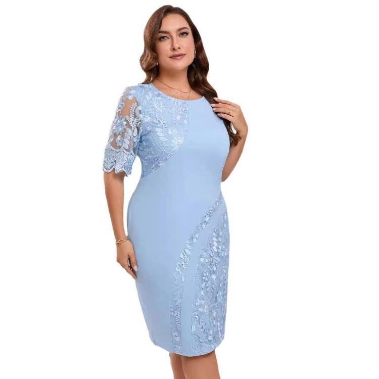 Plus Size Women Cocktail Dress Slim Fit Embroidered Lace Stitching Elegant