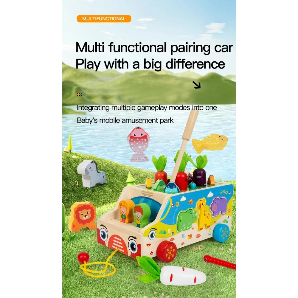 Children's Wooden Multi Functional Animal Shape Matching Toy Puzzle Pulling Carrot Game Baby Fishing Cart Building Blocks