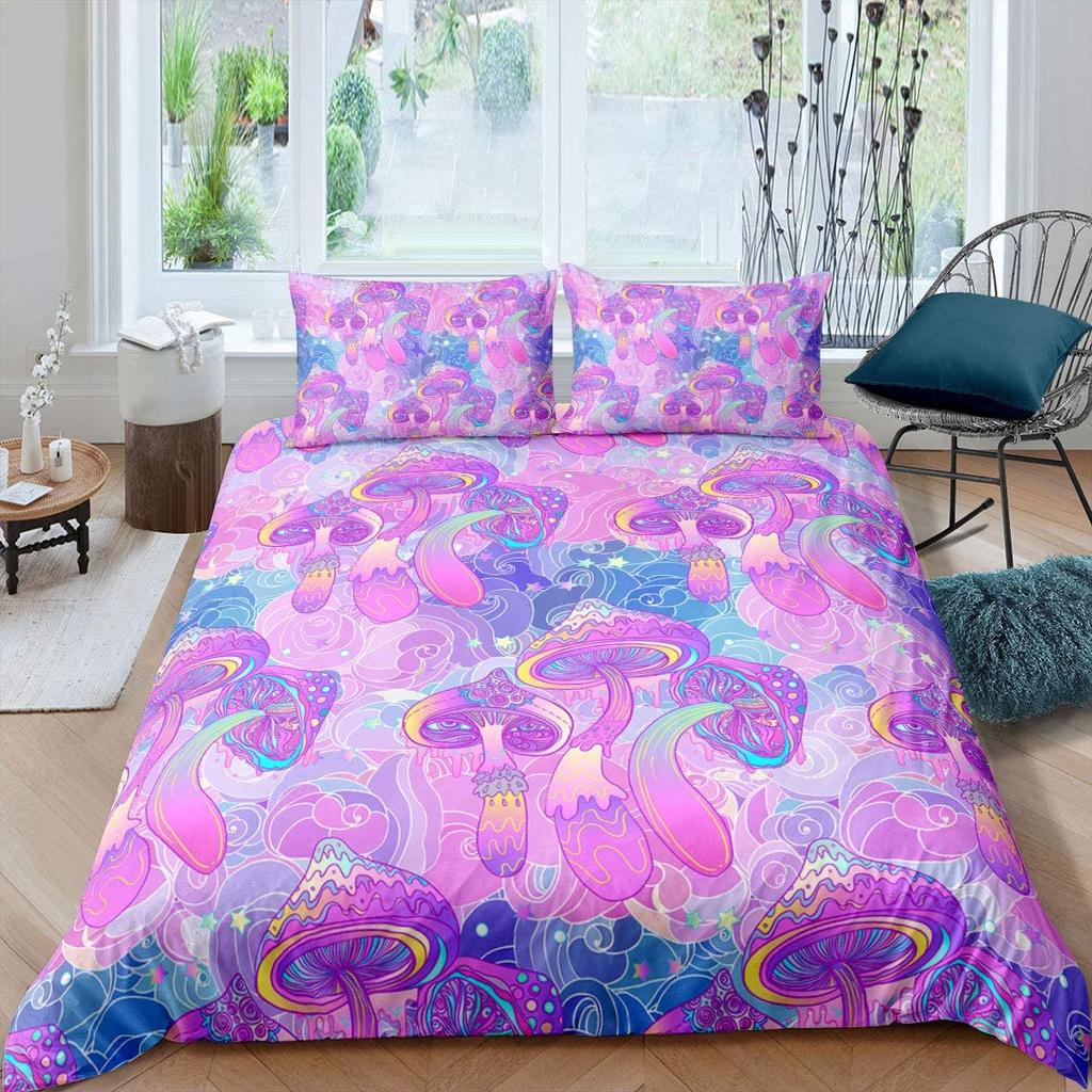 Wild Mushroom Duvet Cover Set Burgundy Plant Bedding Set For Kids Comforter Cover Soft Polyester King Queen Size With Pillowcase