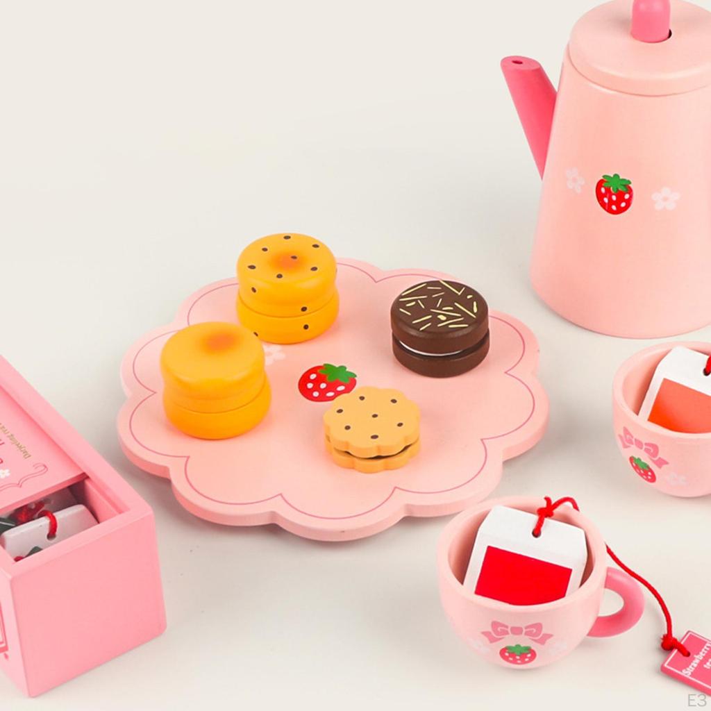 Wooden Cake Stand and Cakes Toy Kitchen Playset with Accessories Tea Set