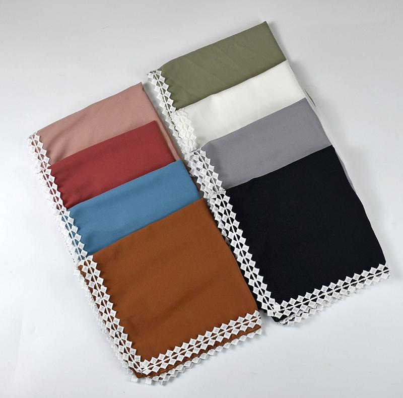 Muslim Chiffon Hijab Scarf for Women Lady Lace Trim Solid Square Head Wrap Shawl Female Jersey Hijabs Scarves Islamic Turban