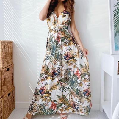 Casual Dress V Neck Pullover Backless Leaves Print Long Dress for Dating