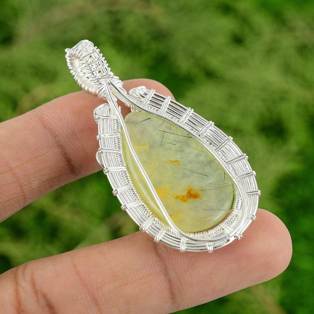 Sterling Silver Natural Moss Prehnite Wire Wrap Handmade Unique Pendant Jewelry