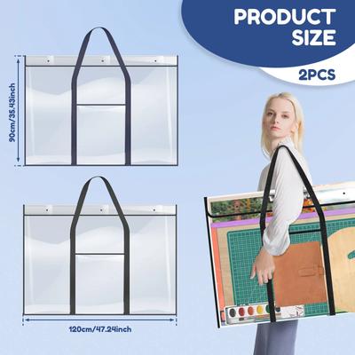 2 Pcs Large Poster Storage Bag with Pocket and Handle 120x90cm Art Portfolio Bag Transparent Bulletin Board Holder for Classroom