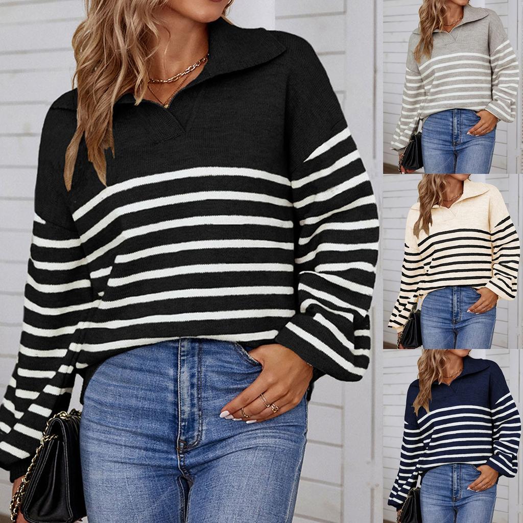 Women's Casual Fashion 2022 Long Sleeved Knitting Contrast Color Sweater Top