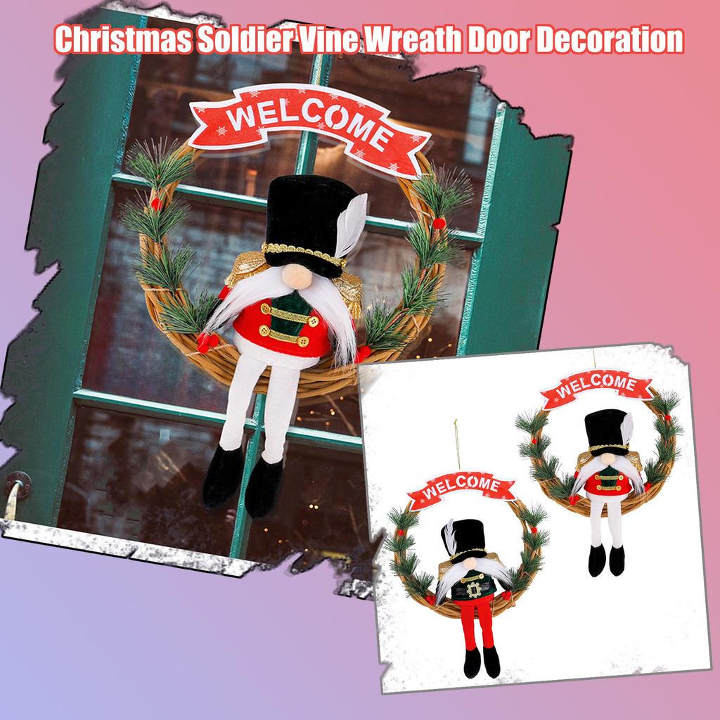 Christmas Soldier Vine Wreath Welcome Wooden Sign Decoration Dwarf Doll Vine Wreath Shopping Mall Window Wall Hanging