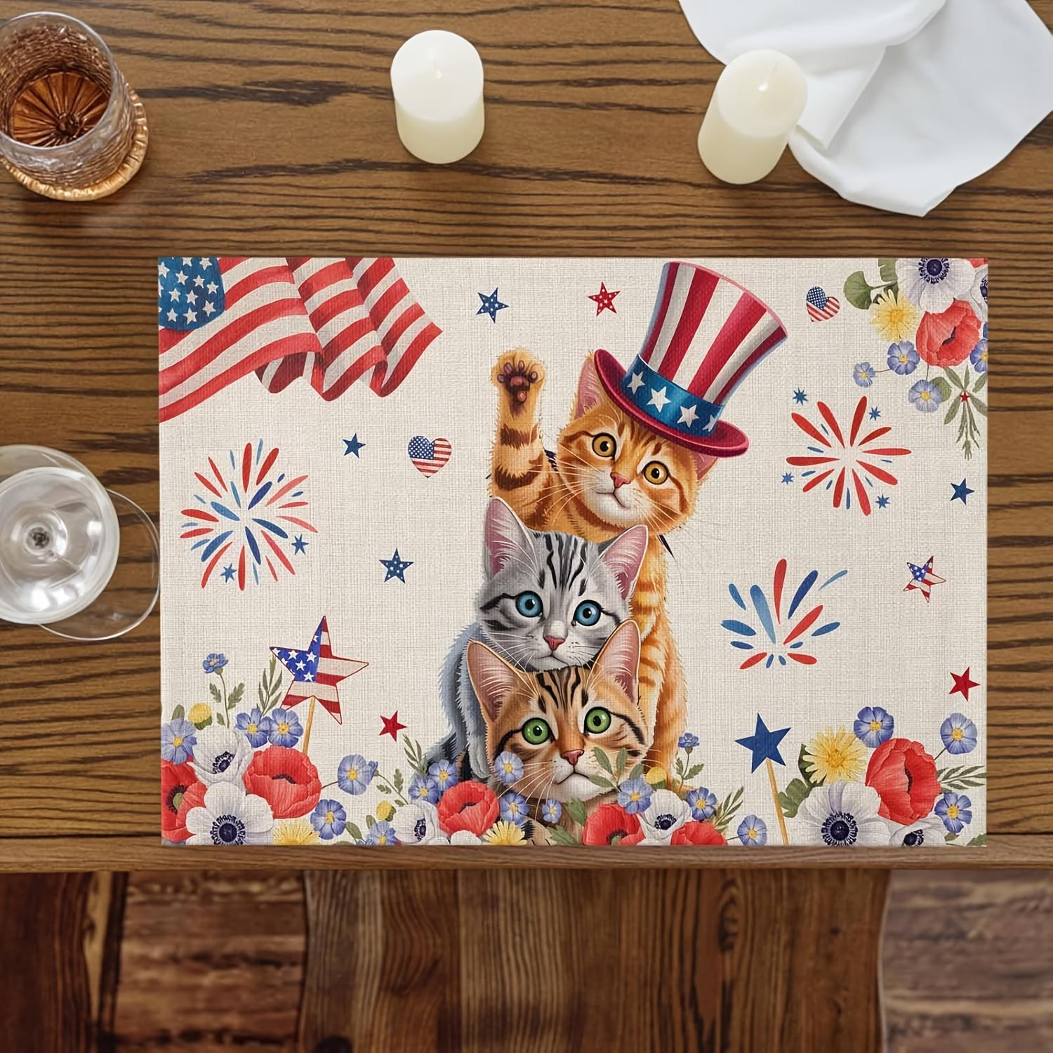

2/4/6pcs July 4th Cute Cat Meal Mat Polyester Linen Non Slip And Washable Table Mat Home Decoration 4PC30X45CM(1X1.3FT