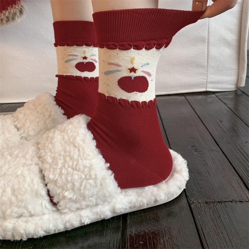 5 Pairs of New Year's Bright Red Socks for Women Autumn and Winter, Pure Cotton Mid-calf Socks, Cartoon and Cute Girl Pile Socks