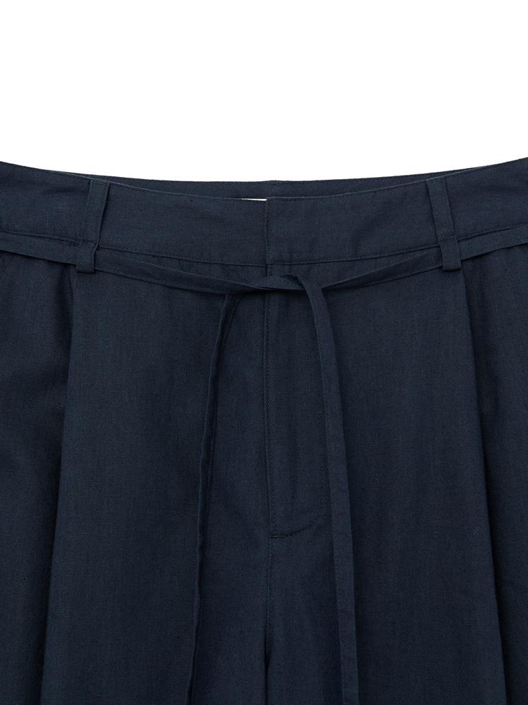 GLOWNY G Belted Linen Wide Pants (Navy)