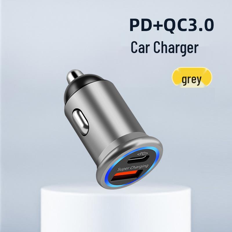 

Быстрая автомобильная зарядка с двумя портами PD+QC3.0 с металлическим корпусом и подсветкой серый