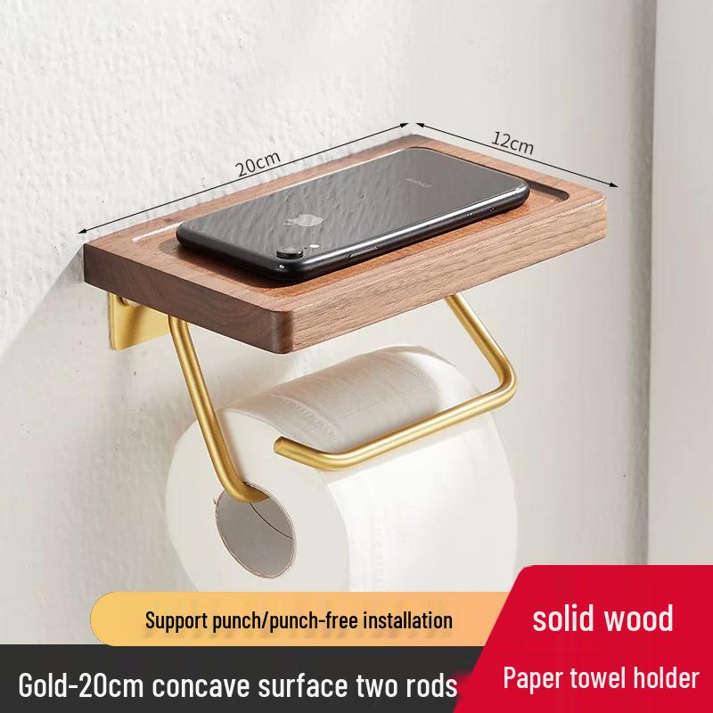 Black Walnut Wood Toilet Paper Holder with Storage Rack - Wall-Mounted Tissue Dispenser for Bathroom and Hotel Use