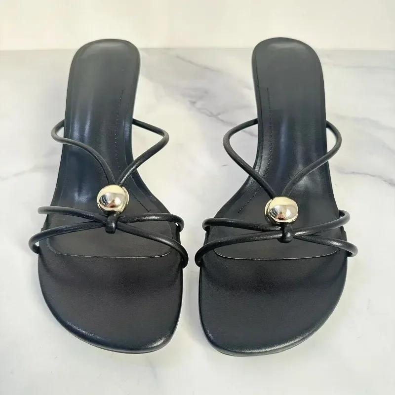 Fashion Black Narrow Band Thin Heel Women Mule Shoes Fashion Metal Decoration Design Brand Slippers Sexy Open Toe Party Slide Sandals