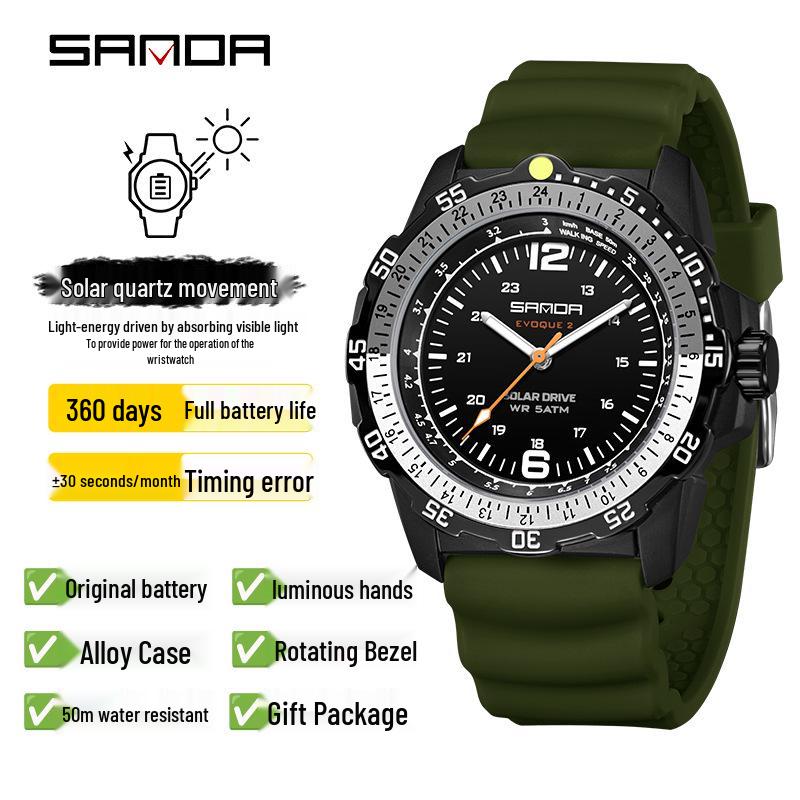 SANDA Solar-Powered Sports Watch: Durable, Waterproof with Long Battery Life and Luminous Quartz Design.