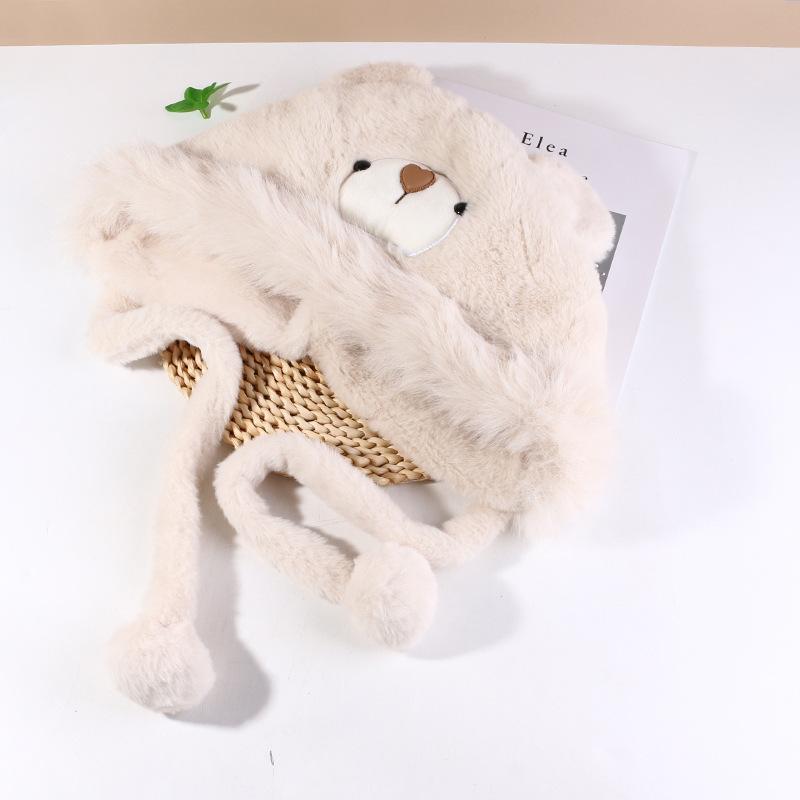 Cute Plush Gloves and Hats for Women  Autumn and Winter Ear Protecting Hats for Cycling To Keep Warm  Thickened Little Bear  Lei Feng Hat Trend